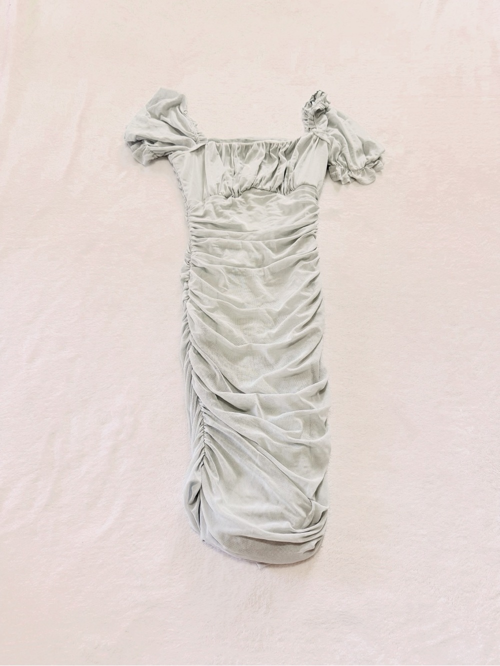 Windsor Light Gray Ruched Off-Shoulder Midi Dress